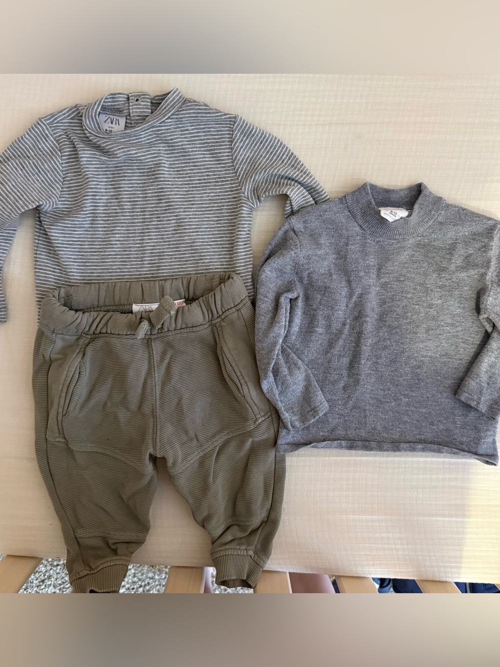 ZARA baby boy bundle- 6-12 months- 2 neutral tops and jogger pants - GUC
